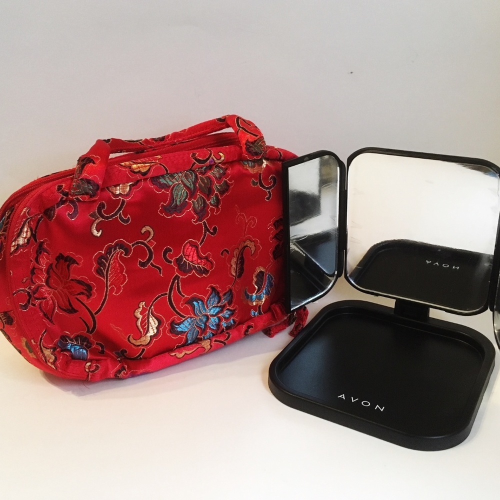 Travel Cosmetic Purse Fabric Floral Makeup Bag Portable 3 Way Vanity Mirror Set